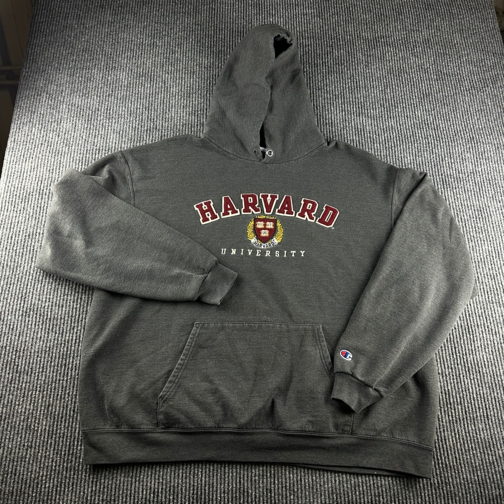 Champion Harvard University Hoodie Mens 2XL Gray Embroidered Crest Sweatshirt